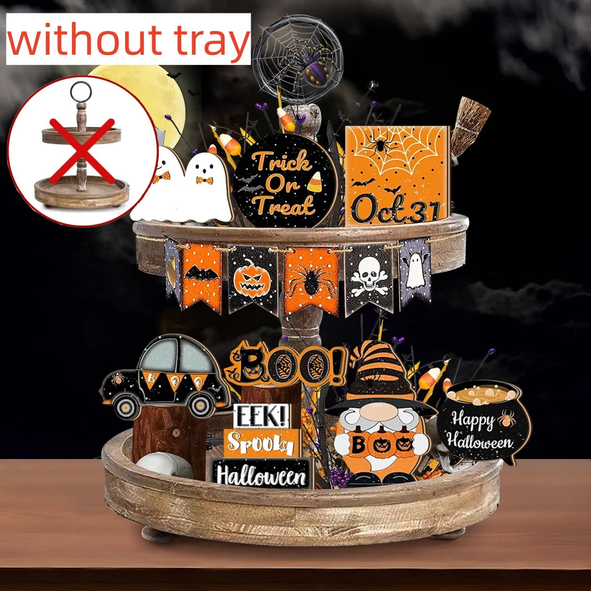 Halloween 2D Wooden Desktop Sign, No Tray, Orange Black Car Magic Pot, Witch Dwarf Ghost Decoration, Halloween Home Decor Qme