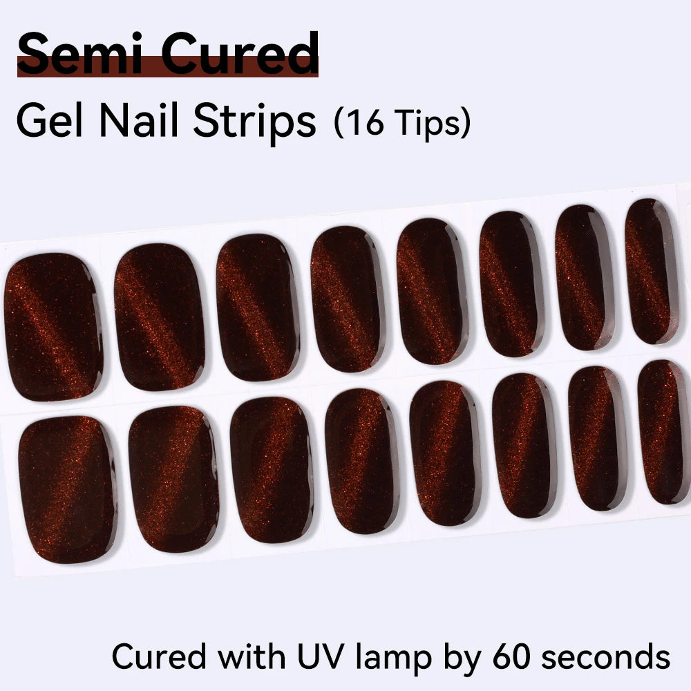 16Tips Red Blue Shine Cat Eyes Semi Cured Gel Nail Stickers Pure Fine Qme NF250059