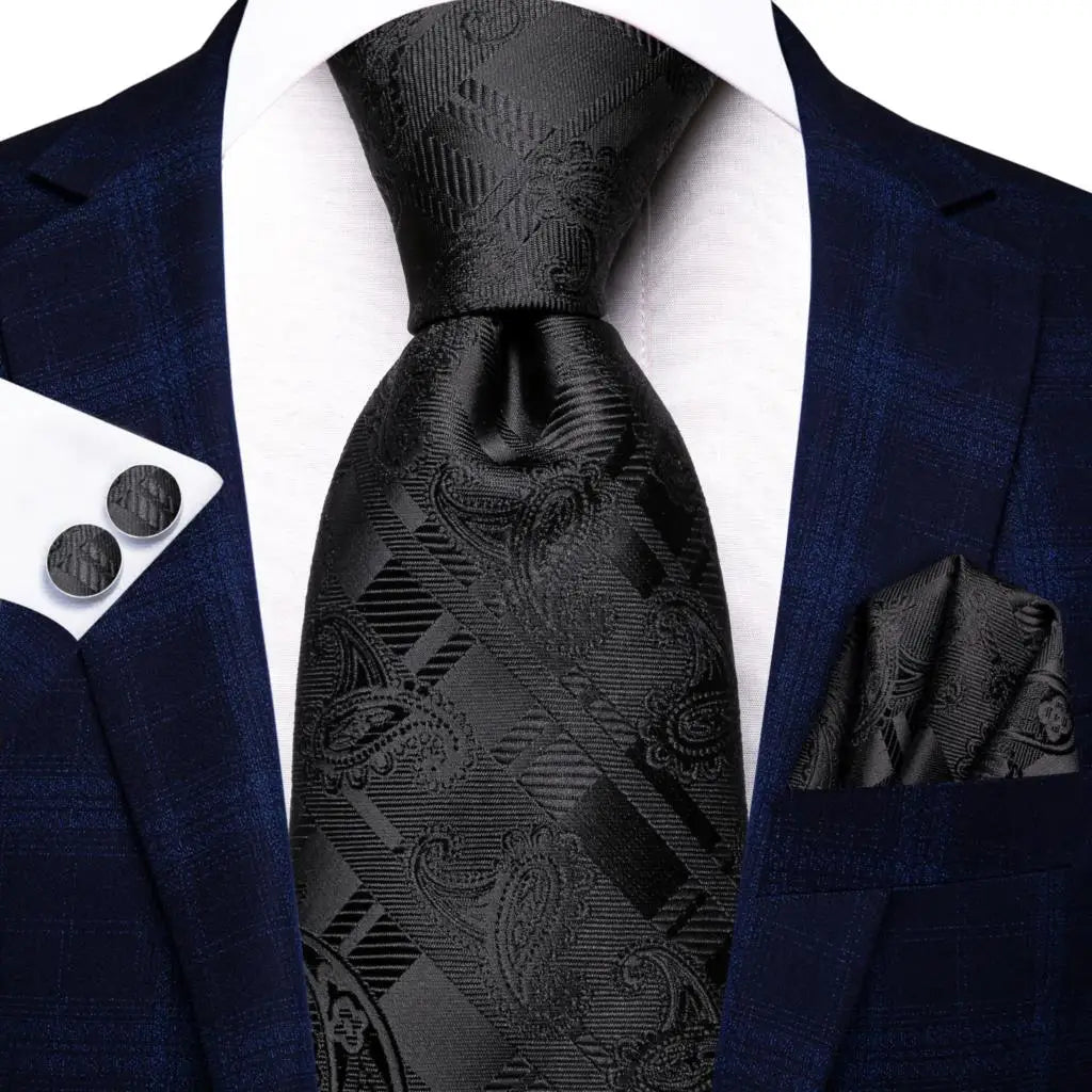 Hi-tie Men Fashion Solid Green Blue Necktie Handkerchief Cufflinks