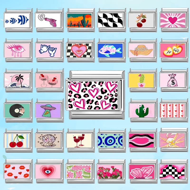 New Y2K Design Pink Heart Leopard CD Lips Hat Italian Charm Links Fit 9mm Stainless Steel Bracelet Women Men DIY Making Gift Qme