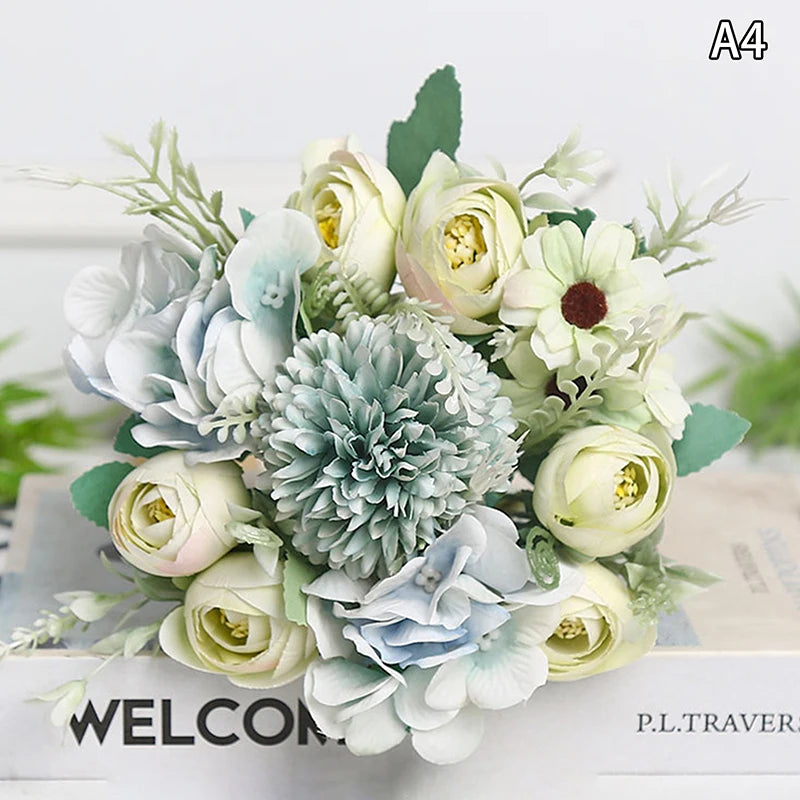 Artificial 1PC Flowers Wedding Home Bedroom Decoration Bridal Bouquet Garden Fake Silk Roses Hydrangeas Vase For Board Outdoors Qme style 10