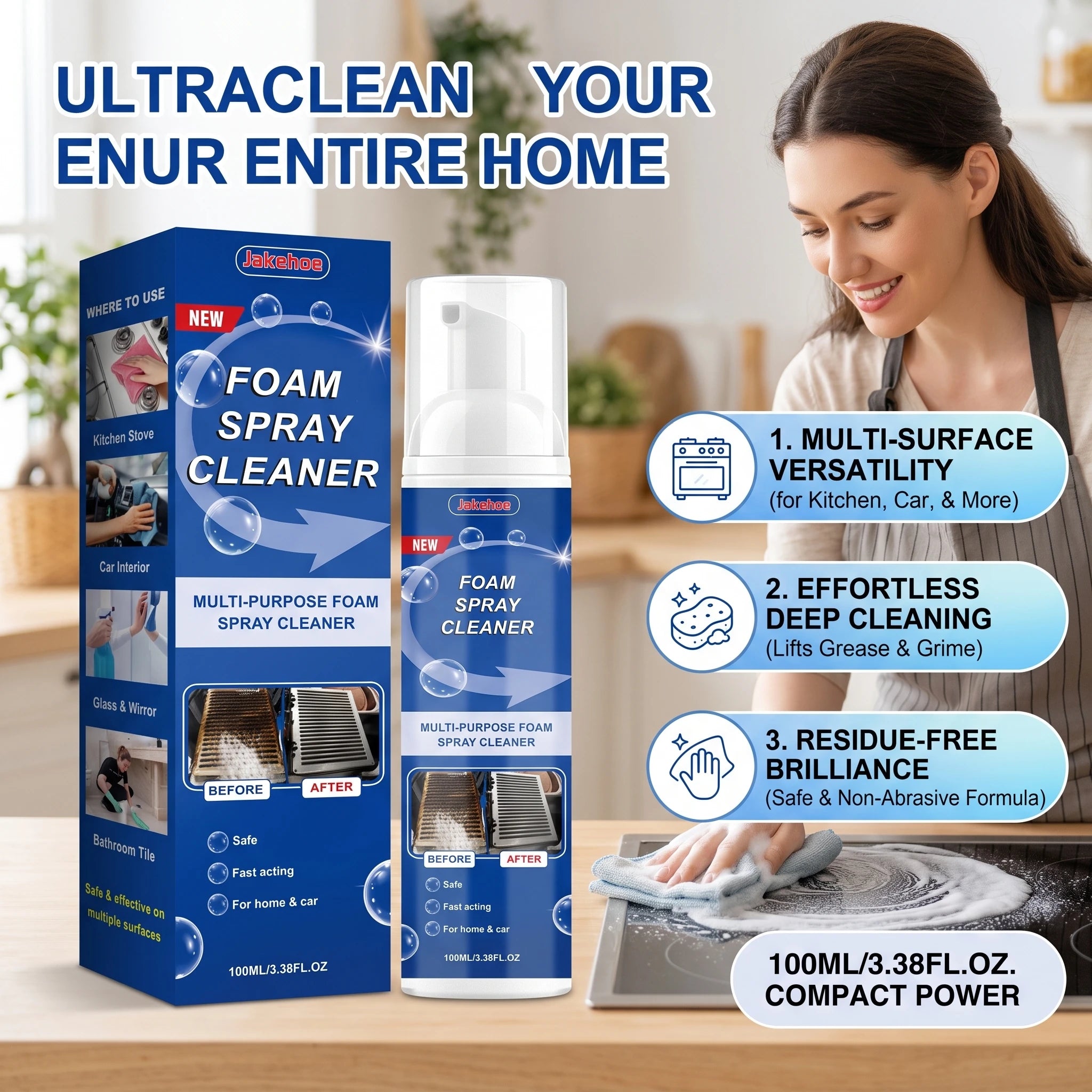 Multi-purpose Foam Cleaning Spray Remove Oil Stains Restore Surface Gloss Descaling Fast Acting No-Rinse Kitchen Foaming Cleaner Qme
