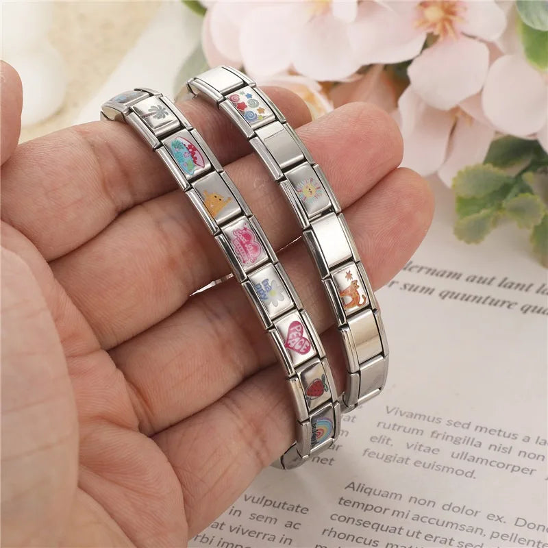 Colorful Rainbow Funny Cats Heart Pattern Flower Sun Italian Charm Links Fit 9mm Stainless Steel Bracelet Women DIY Making Gifts Qme