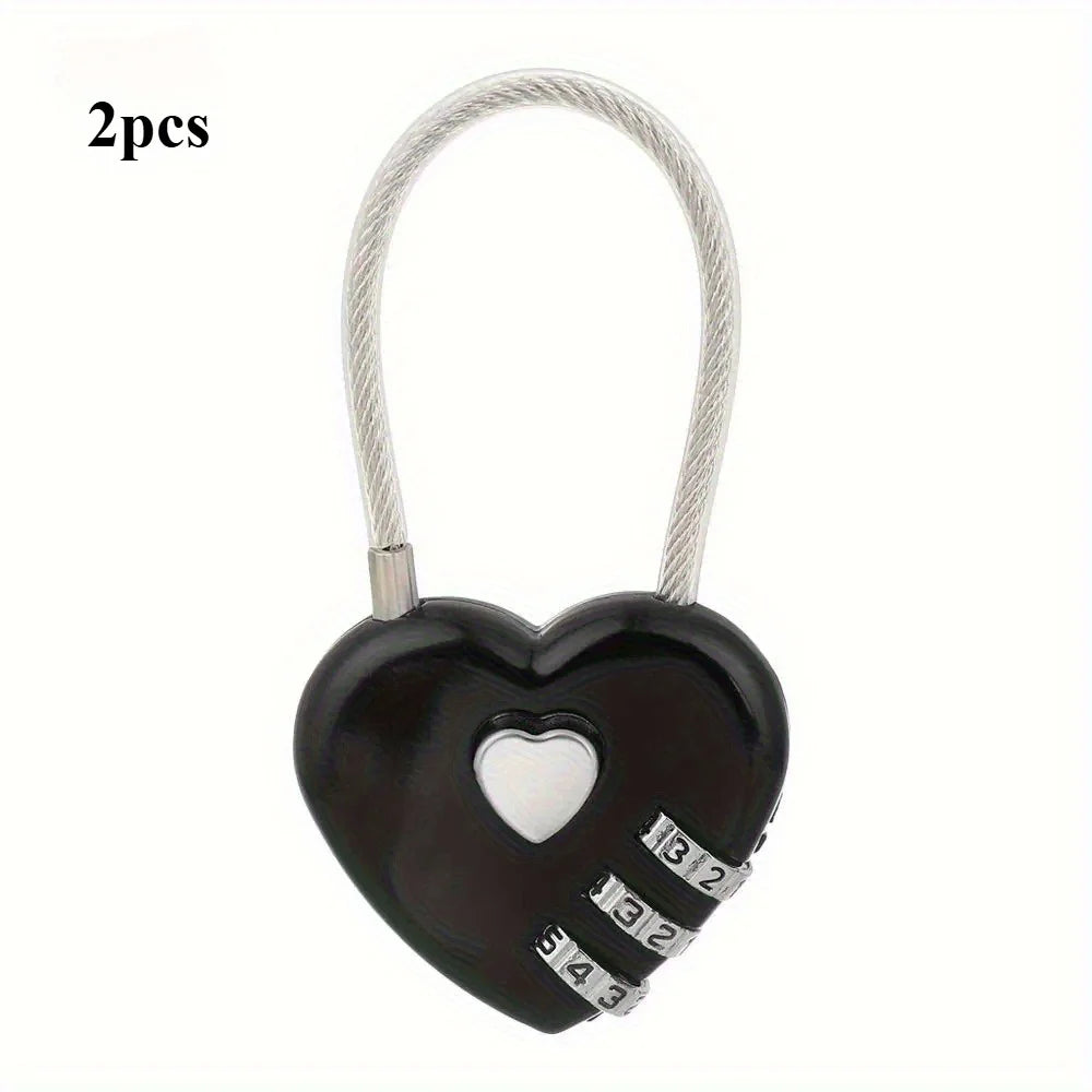 Heart Shaped 3 Digit Combination Lock, Steel Wire Rope Padlock Love Promise Lock For Luggage Backpack Jewelry Box Wedding Couple Qme Black