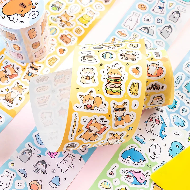 70mm*2m Cute Cartoon Creative Decoration Adhesive Tape PET Die Cutting Tapes Handbook DIY Scrapbooking Collage Journal Stickers Qme