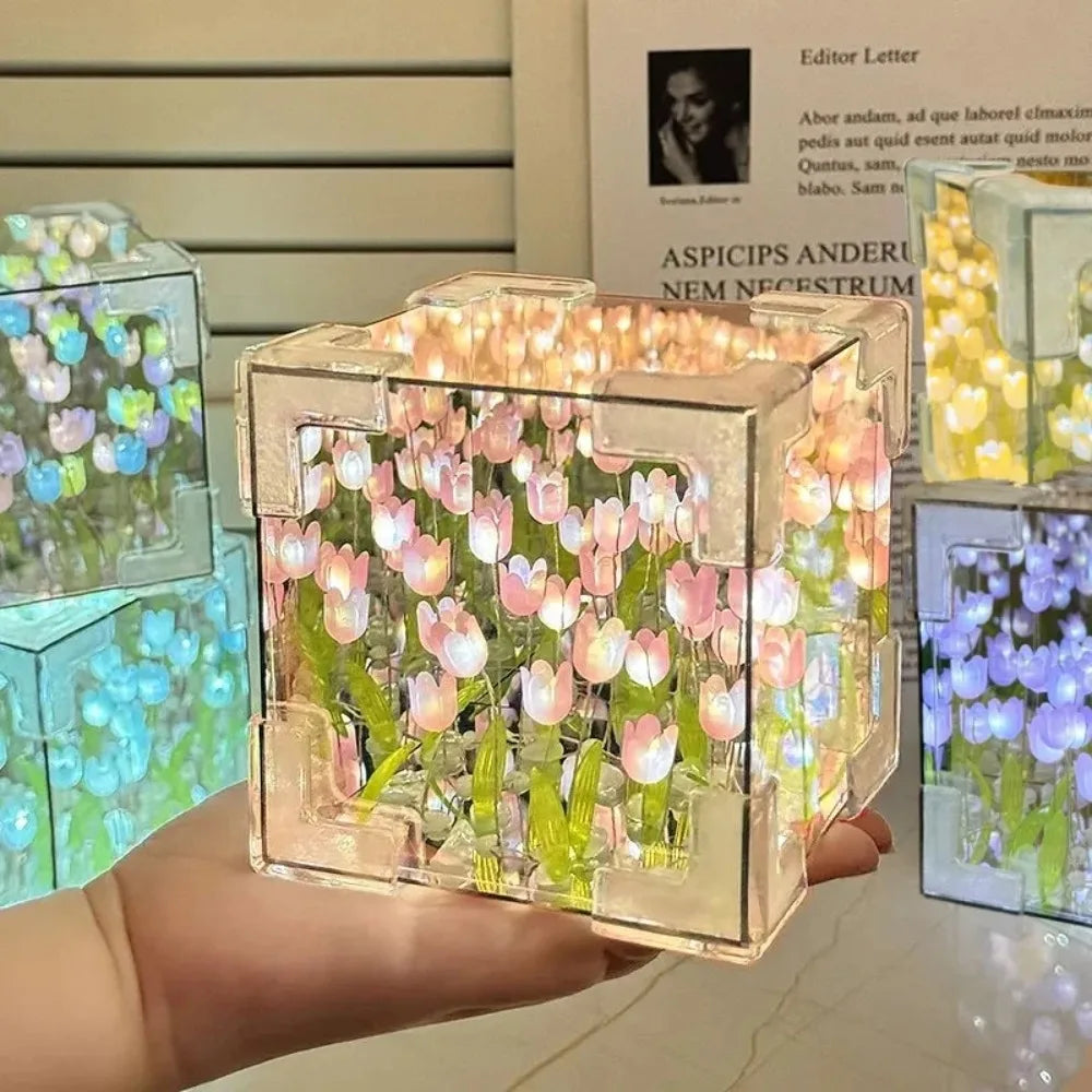 DIY Tulip Mirror Cube Lamp Simulation Flower Bedroom Sleeping Table Qme