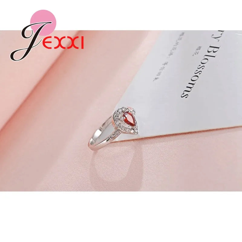 925 Sterling Silver Color Ring Waterdrop Shape Ornament Fire Red Crystal Stone For Women Female Gift Qme
