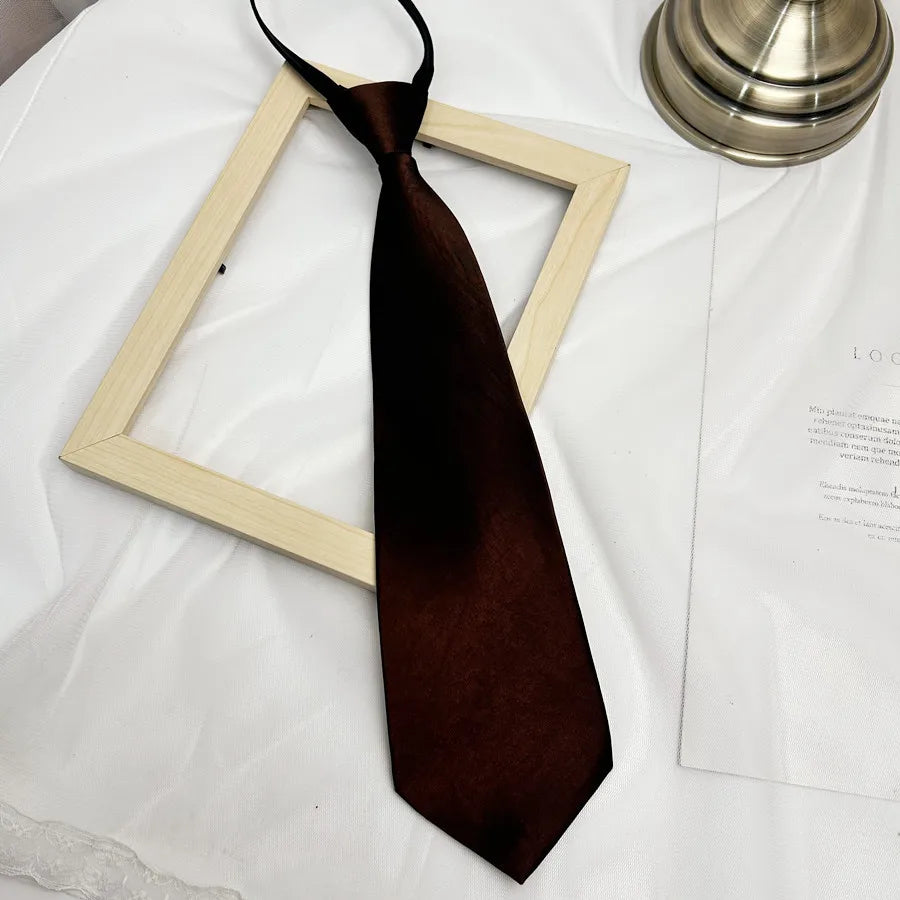 Solid Color Bright Color Tie Zipper Tie Short Style Convenient Uniform Accessories College Style Daily Tie Multi-color Tie Qme POLYESTER Brown