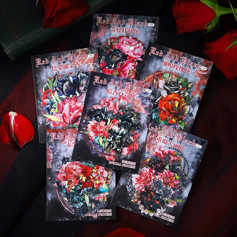 10 Pcs PET Red black flowers Sticker Decoration Natural plants Stickers DIY Diary Album Scrapbook material junk journal supplies Qme