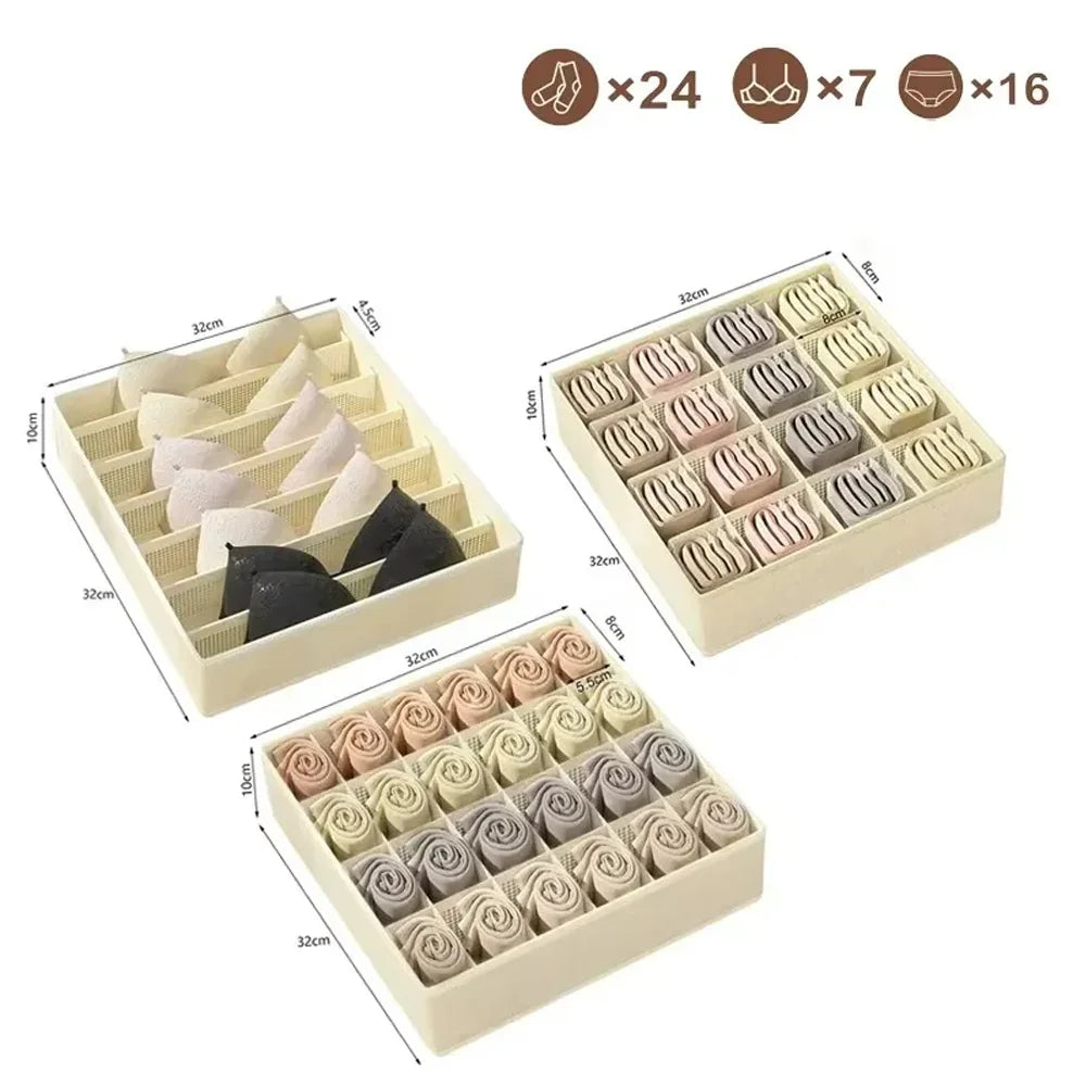 All-in-One Foldable Drawer Organizer with Dividers, Fabric Storage Box for Underwear, Bras, Panties & Socks Qme 1.0Three piece set