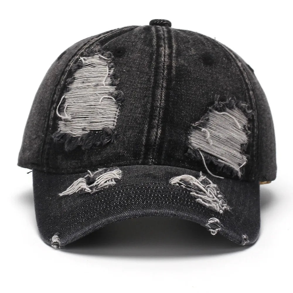 Retro Ripped Washed Denim Baseball Cap Frayed Soft Duckbill Curved Qme