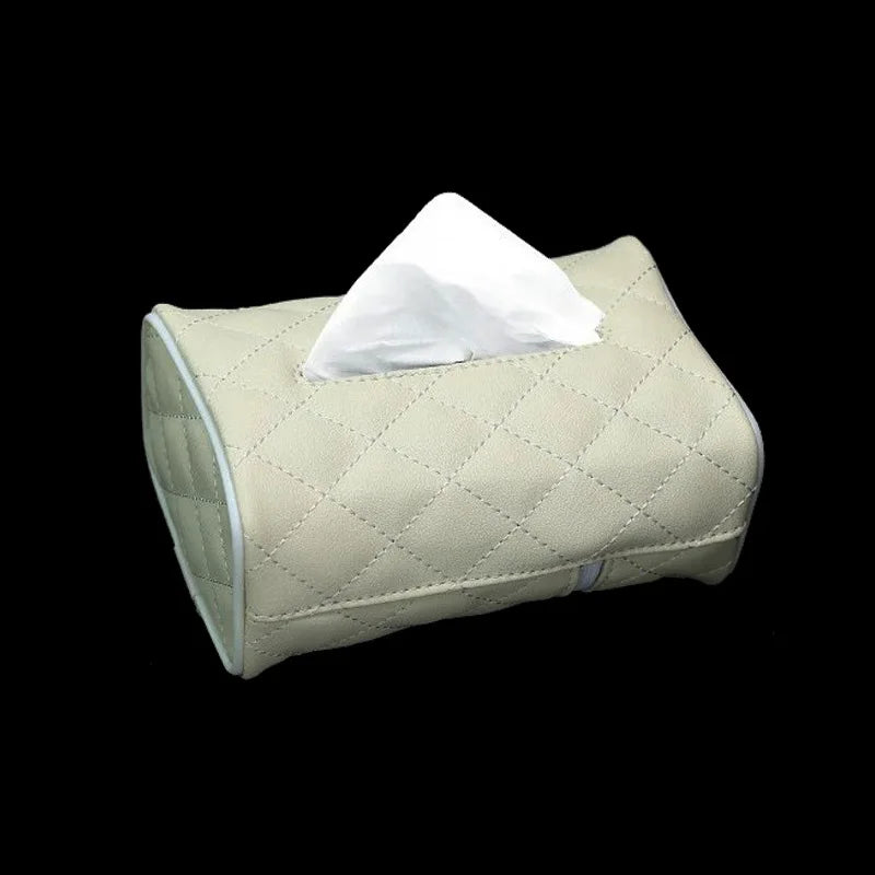 Solid Color Checkered Leather Wear-Resistant Tissue Box Car Seat Back Sunshade Hanging Tissue-Bag Buckle Strap Easy Installation Qme White