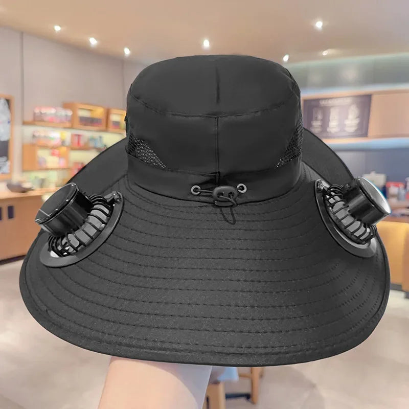 Summer USB Solar Energy 2 Fan Sun Hat Men Women Breathable Fishing CapSun Protection Mesh Fisherman Hat Hiking Outdoor Beach Cap Qme Black