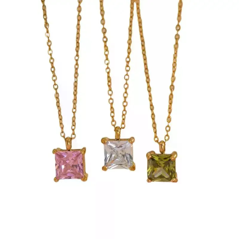 Minimalist Stainless Steel Pendant Necklace Square Colorful Zircon Jewelry for Work Business Casual Outfit Qme