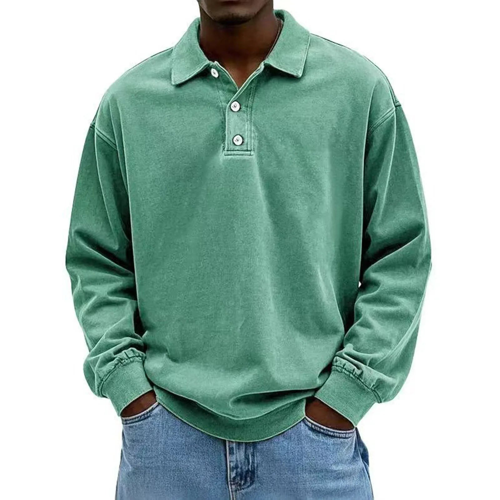 Men's Baggy Korean Style Leisure Daily Versatile Long Sleeves Flip Collar Pullover Shirt Fashion Solid Color Button Hoodies Qme Mint Green L