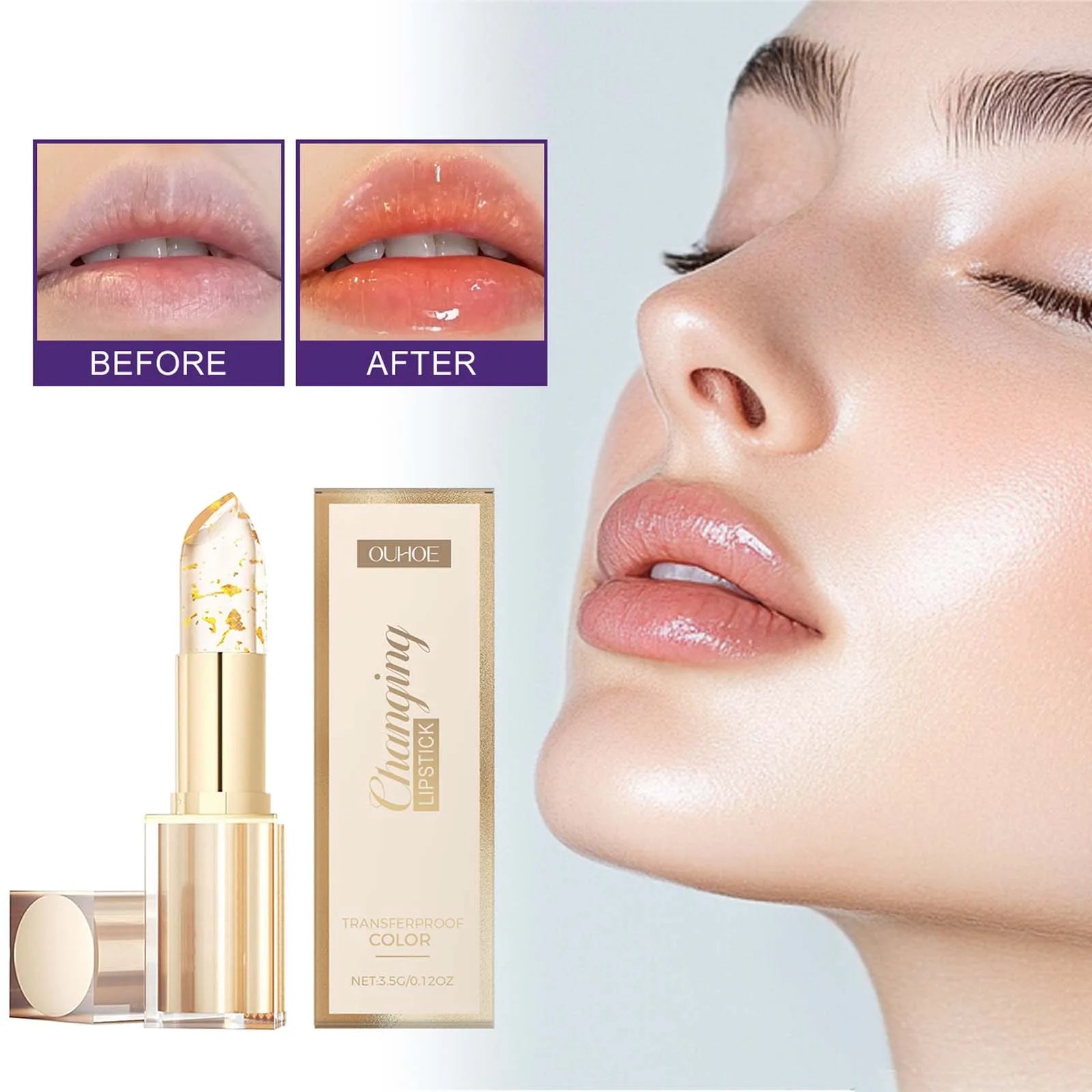 Gold Foil Color Changing Lip Balm Glossy Non-Sticky Nourishing Moisturizing Lasting Transferproof Color Changing Lipstick Qme
