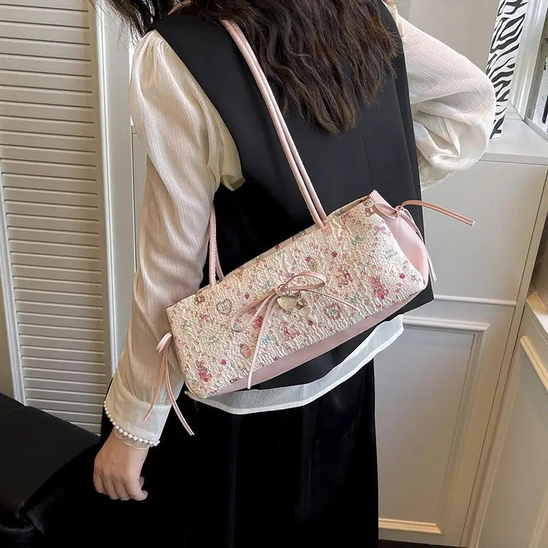 Sweet Bow Shoulder Bag Cartoon Print Underarm Bag Female Tote Bag Versatile Large Capacity Commuter Handbag Holiday Gift Qme