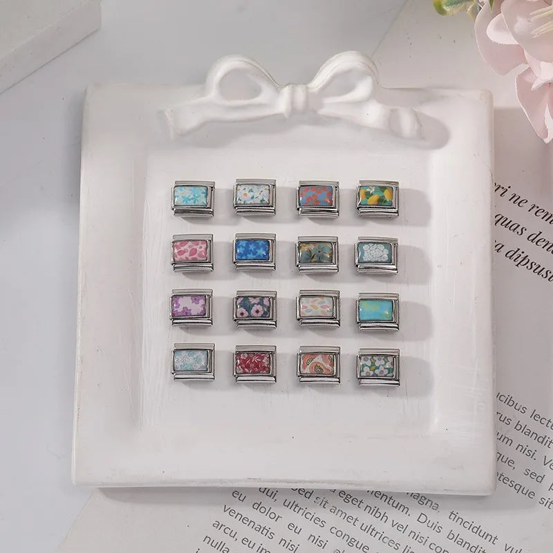 Fashion Oil Painting Green Background Color Flowers Italian Charm Links Fit 9mm Stainless Steel Bracelet Jewelry DIY Making Bead Qme