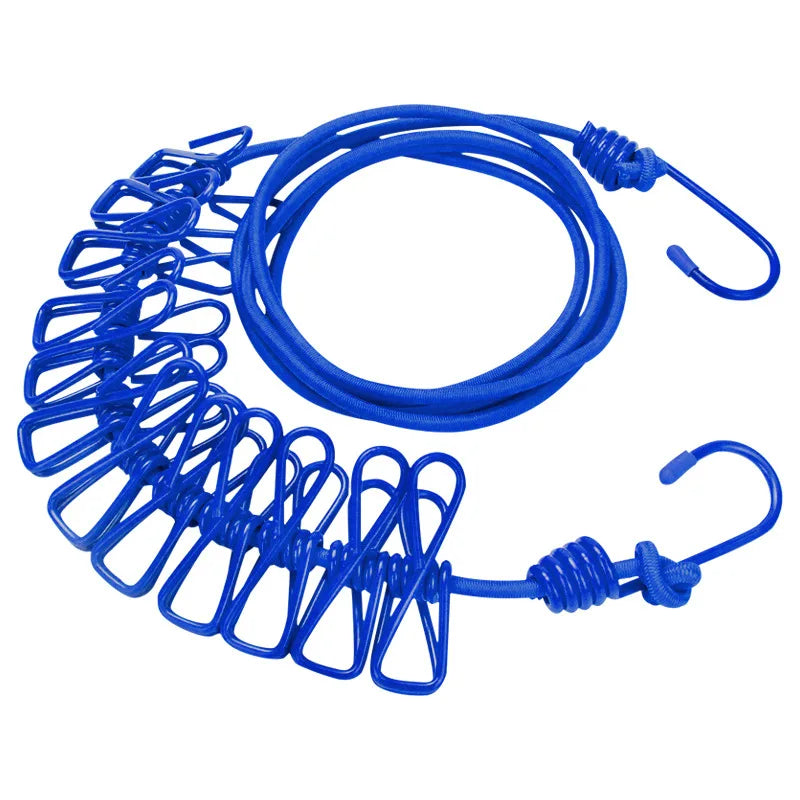 Portable Clothing Clothesline with 12 Clips Retractable Travel Elastic Camping Non-slip Clothesline for Outdoor and Indoor Use Qme Blue