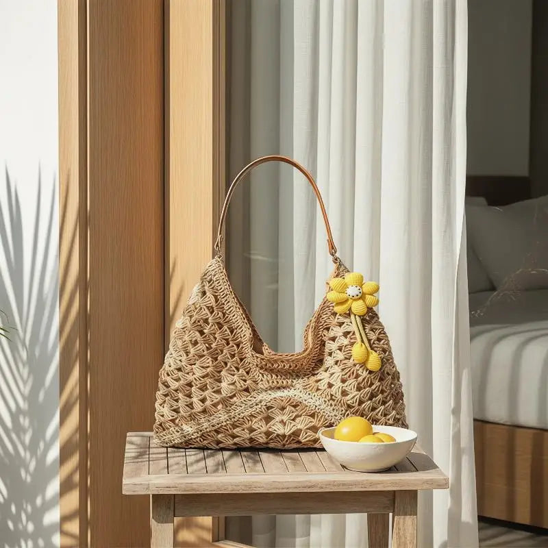 Women's Woven Straw Shoulder Tote: Medium with Handle - Large Capacity Vacation Handbag for Summer Shopping & Travel Qme