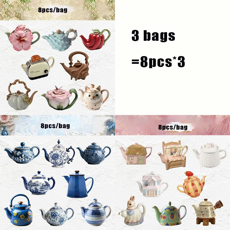 Vintage European Teapot Sticker Pack, realistic tea set decorative stickers for decorating phone cases,bottles and journals Qme 3 bags-A