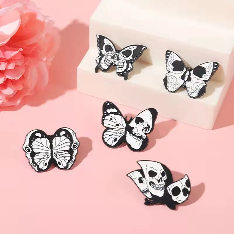 Skeleton Butterfly Enamel Pins Black Skull Gothic Punk Lapel Clothes Badges Brooches Backpack Hat Jewelry Gift for Kid Friends Qme