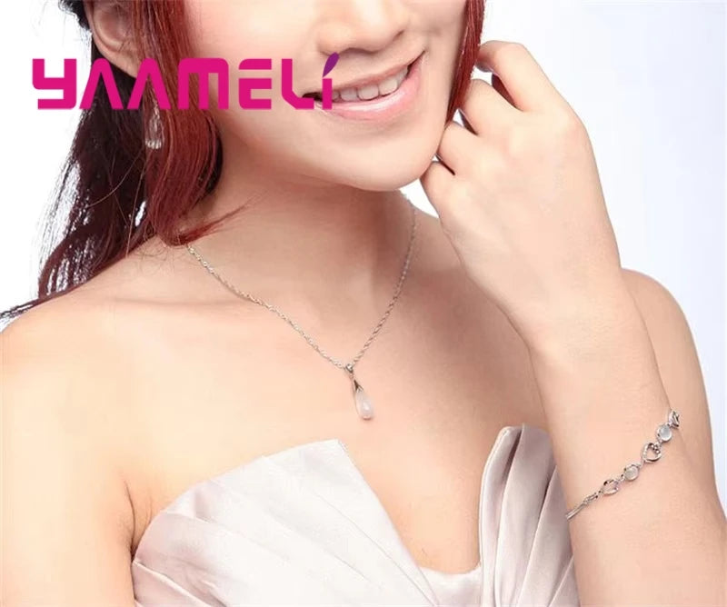 Pure Jewelry Set Simple 925 Sterling Silver Color White Pink Water Drop Opal Cat Eye Stone Pendant Necklace/Hook Earrings/Chain Qme