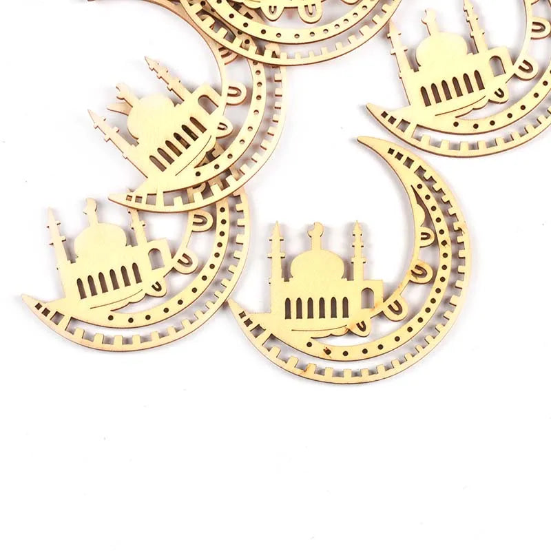 10pcs 4.4-8cm Natural Moon Wood Crafts Pendants Ramadan Party Supplies Muslim Islamic Decor Eid Mubarak Hanging Wooden Ornament Qme