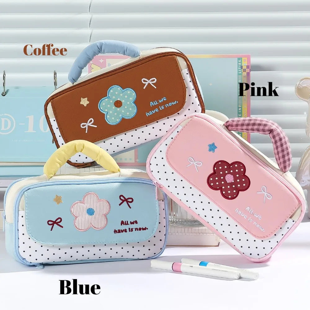 Cute Polka Dot Pencil Box Soft Handle Multi Pocket Stationery Bag Qme