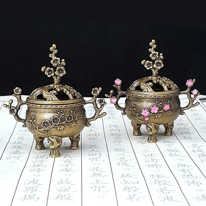 Mini Plum Blossom Lucky Incense Burner Metal Lotus Bowl Holder Handle Qme