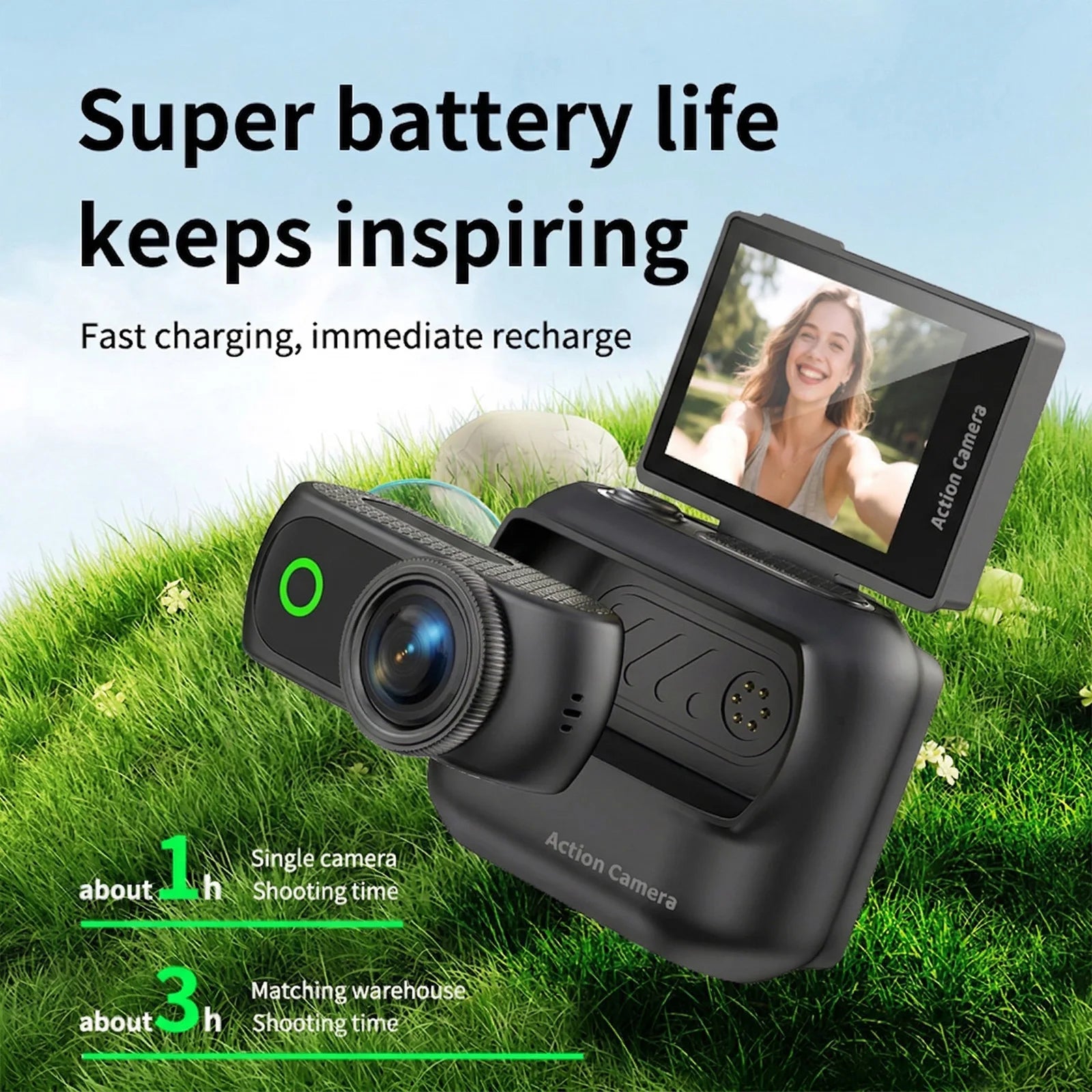 Compact Panoramic Action Camera Anti-Shake Portable Outdoor Travel Camera With Magnetic Neck Strap for Vlog Recording & Selfie Qme