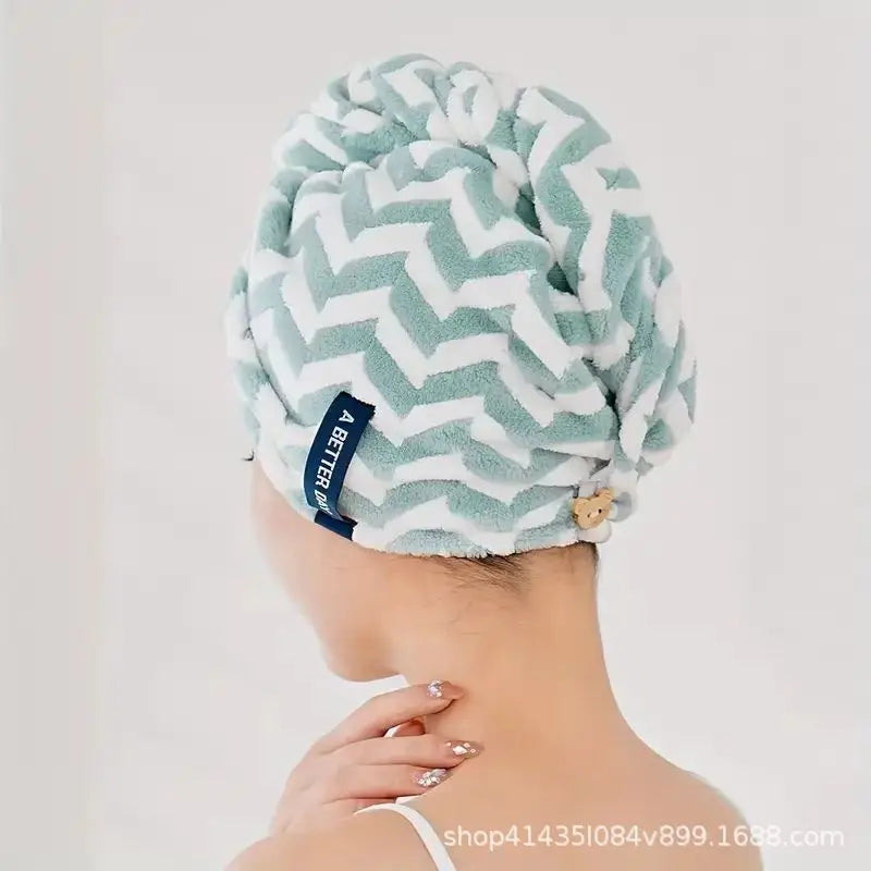 Striped Microfiber Hair Drying Cap Thick Coral Fleece Quick Dry Qme green