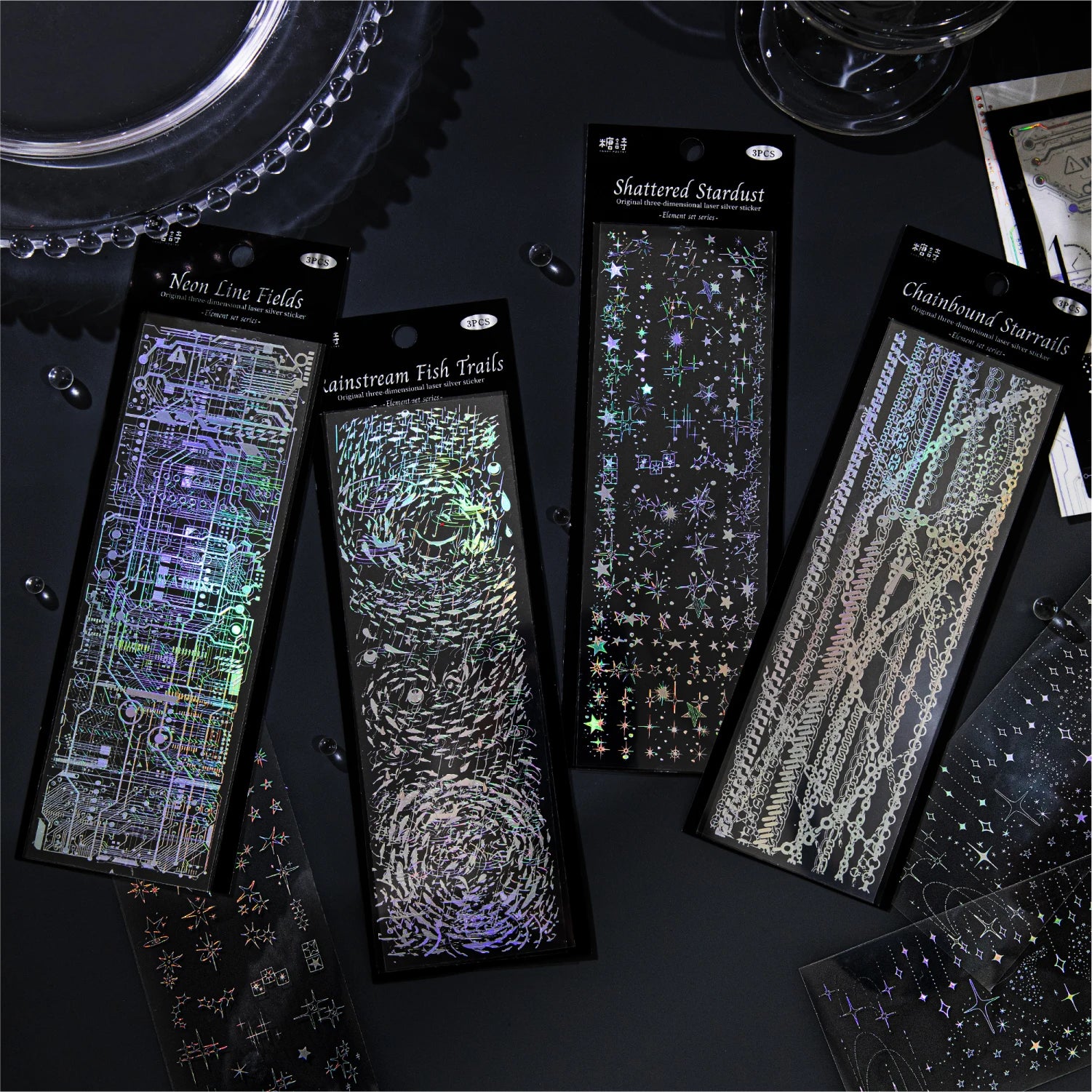 3sheets Element Collection Series Kawaii PET Laser Silver Stickers DIY Diary Phone Case Handmade Scrapbook Aesthetic Stickers Qme