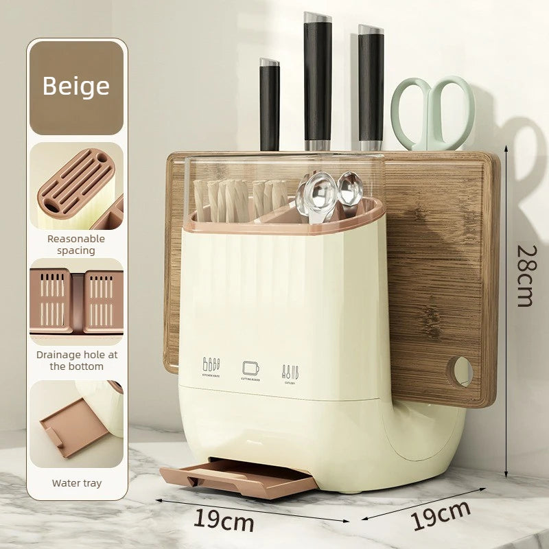 Multi-function Kitchen Knife Holder Cutting Board Storage Drain Rack Qme Beige