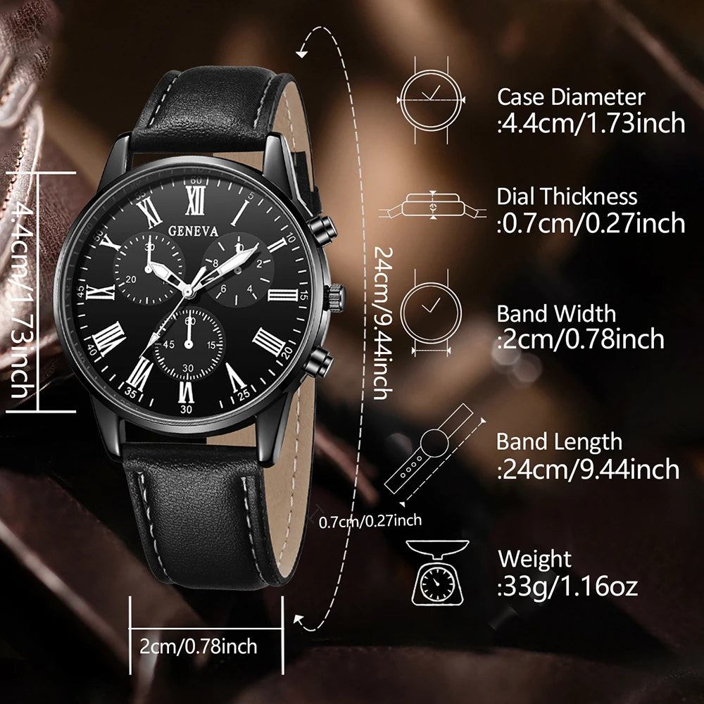 4Pcs Spear Arrow Men Watch Jewelry Set Black Leather Chronograph Wristwatch Cuban Leather Bracelet Arrow Necklace Ring Gift For Qme
