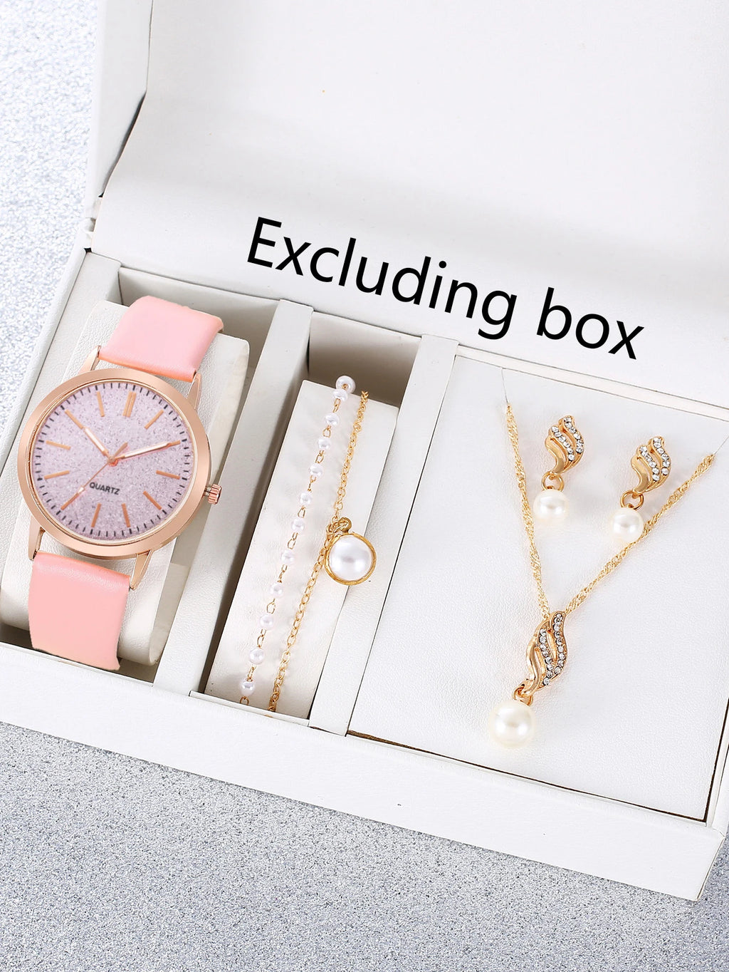 5Pcs Women Watch Jewelry Set, Glitter Dial Black Leather Quartz Watch + Pearl Inlaid Necklace Earrings Bracelet Gift Kit Qme pink No
