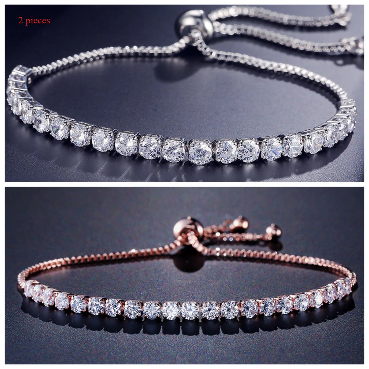 1-2 pieces Women's Geometric Round 4mm Zircon Bracelet Adjustable Slider Chain Versatile Fashion Jewelry Qme Wht-RoseGold