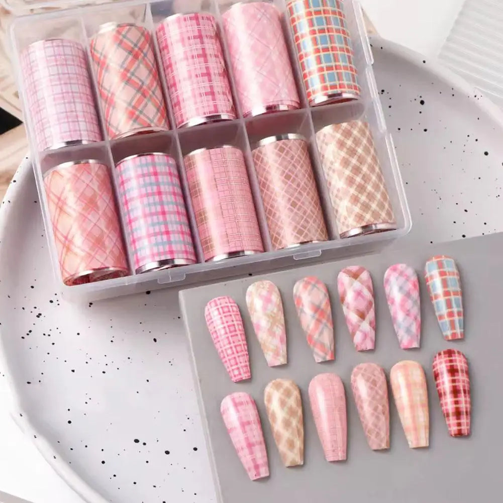 10Roll Box Plaid Flower Nail Foil Transfer Stickers Art Self-adhesive Qme