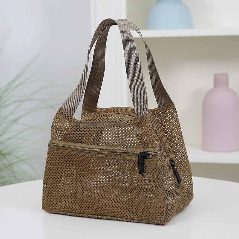 Fashion Solid Color Mesh Handbag Travel Toiletry Bag Large Capacity Cosmetic Bag Portable Sports Swimming Storage Bags Qme Khaki