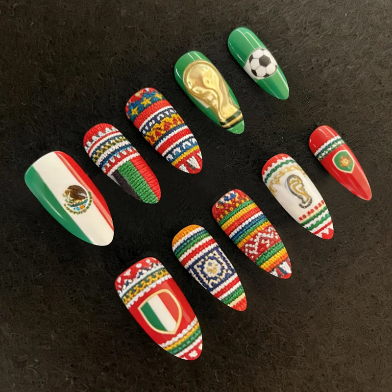 Fashion Luxury Mexico National Team Almond Full Cover Press On Nails Stylish Mexico flag design artificial false nails Qme