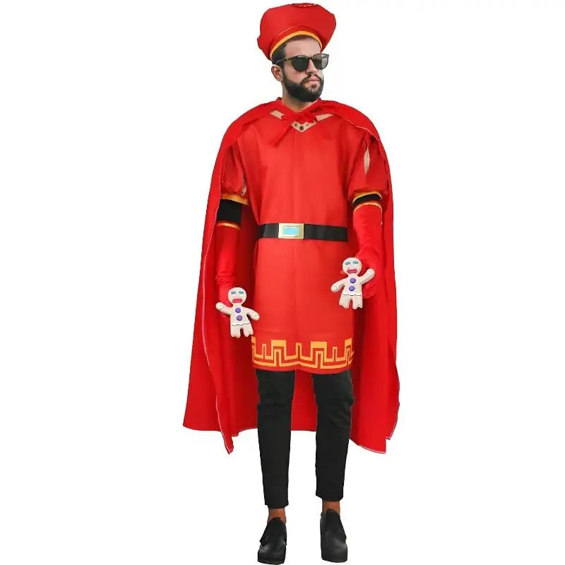 Adult Lord Farquaad Costume King Outfits Set with Red Hat Cape Gloves Belt Fancy Dress Up for Halloween Party Cosplay Costume Qme