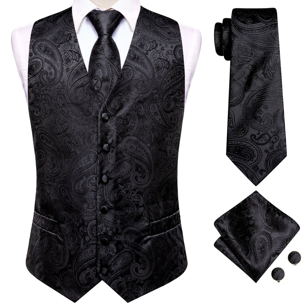 Hi-tie Silk Mens Suit Vests Woven Black Paisley Waistcoat Tie Pocket Qme MJ-3203 XL