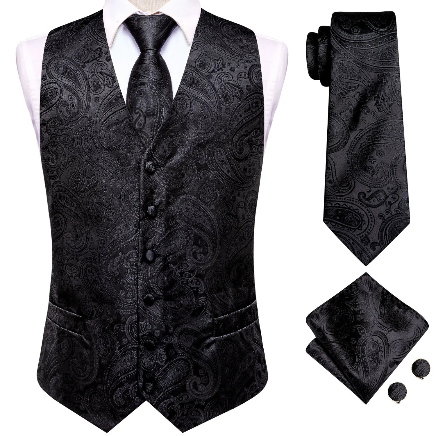 Hi-Tie Silk Mens Suit Vests 4PC Woven Paisley Champagne Waistcoat Tie Pocket Square Cufflink Business Wedding Dress Waist Jacket Qme