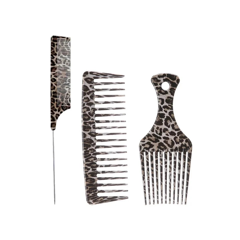 Leopard Print Haircutting Combpin Tail Comb Wide-tooth Oil Fork Qme 3Pcs Set
