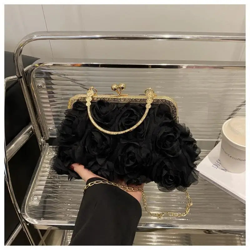 Chiffon 3D Flower Banquet Bag Fashion Evening Bags Luxury Women Chain Qme Black