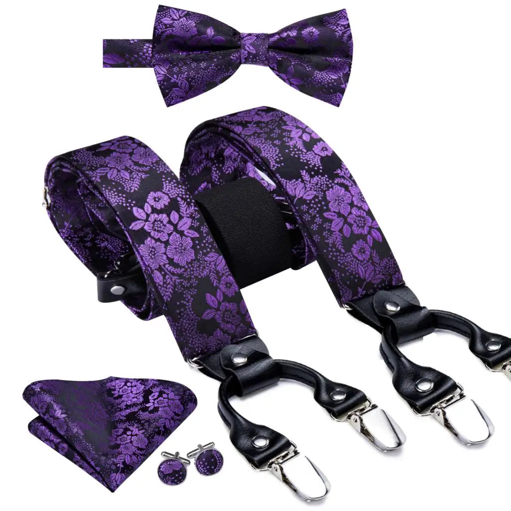 Hi-tie Jacquard Woven Silk Gold Mens Suspender Braces Bow Tie Hanky Qme BD-3036
