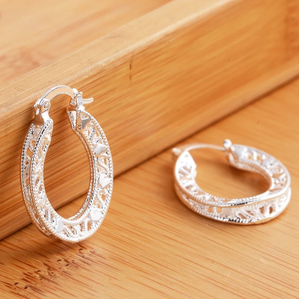 1Pair 925 Sterling Silver Earrings for Women Jewelry Exquisite Round Carved Wedding Heart Christmas Gifts Party Qme