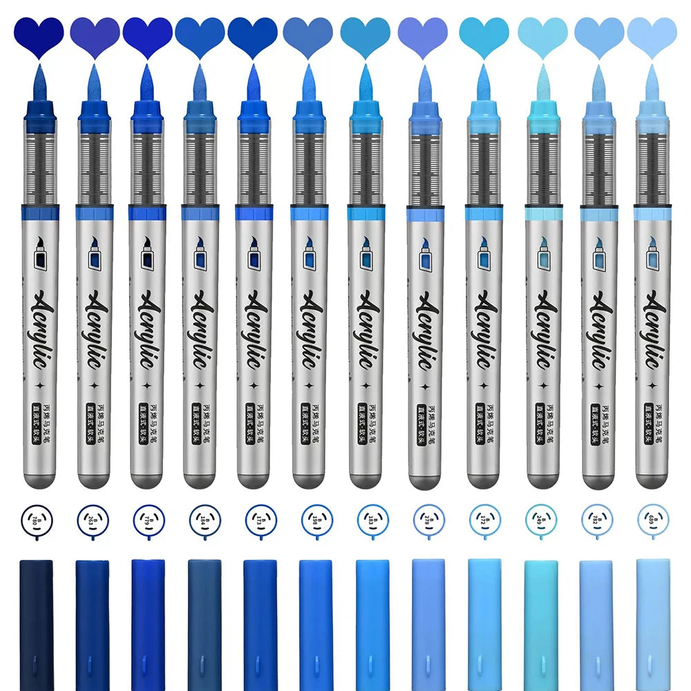 Acrylic Paint Markers ,12 pcs Brush Tip Acrylic Paint Pens Set with 9 Professional Color Series for DIY & Art Supplies Qme Blue Series