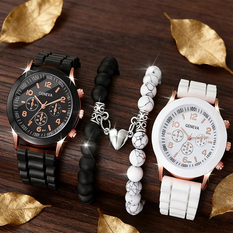 4pcs Fashionable, Minimalist, and Versatile Men AND WOMEN'S Couple Watch Pairing with Love Bead Bracelet Set Qme 4pcs