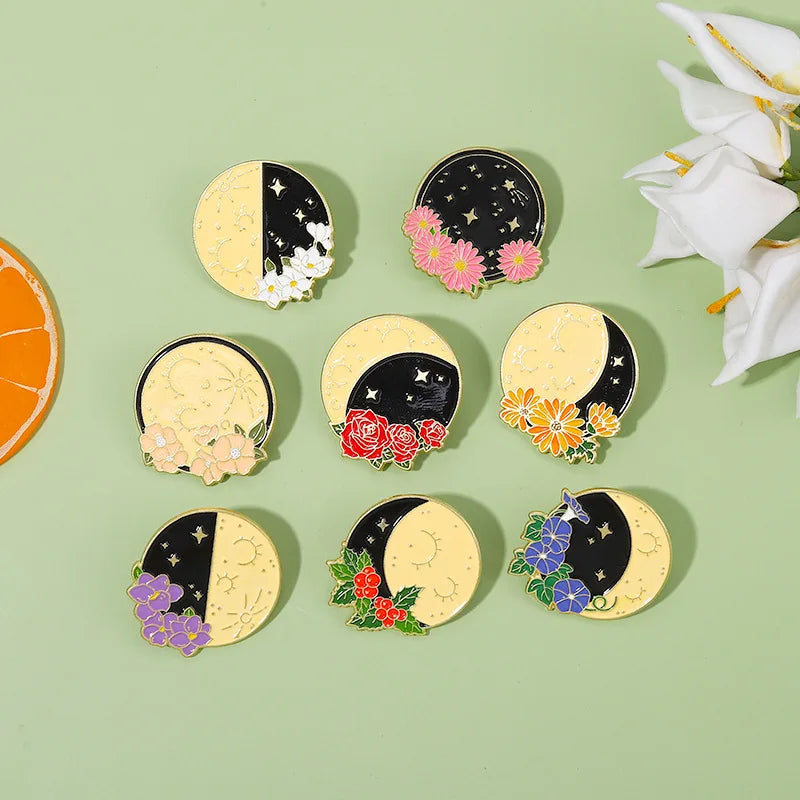 Flower Sun Moon Phase Enamel Pin Metal Badge Daisy Rose Astrology Brooch Lapel Backpack Accessories Jewelry Friends Wholesale Qme
